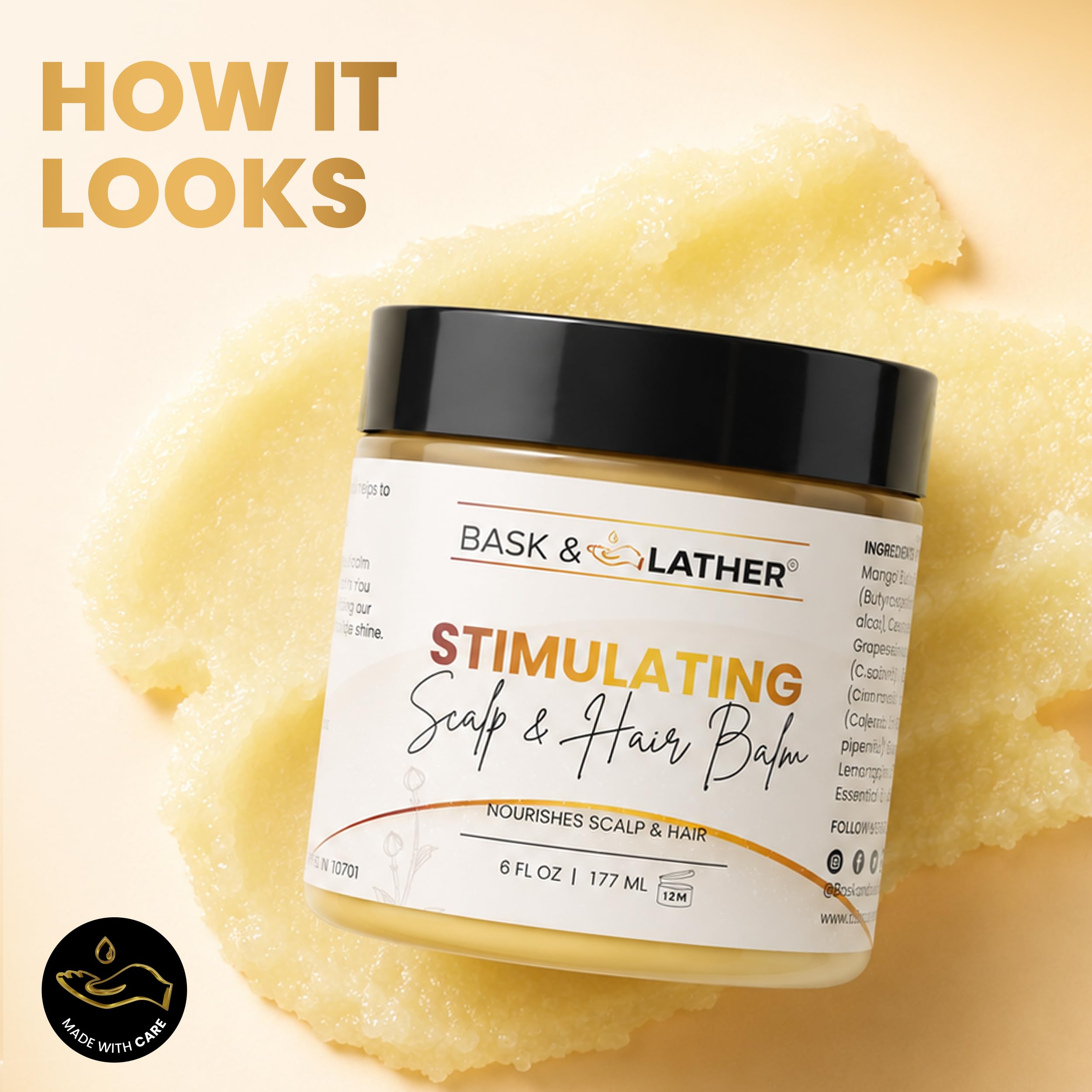 BASK & LATHER balm texture close-up showing creamy shea-mango mix for easy application and absorption