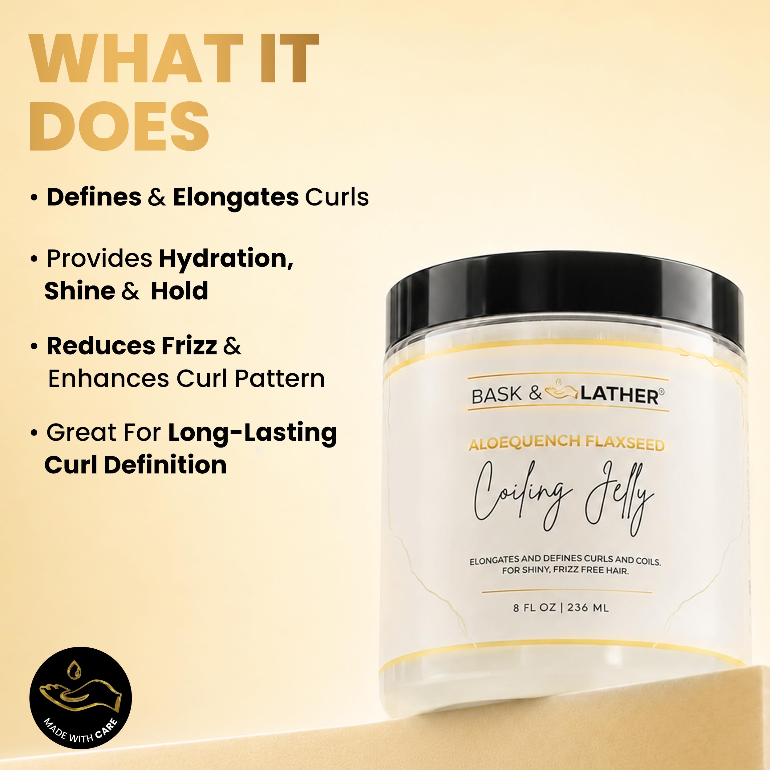 BASK & LATHER flaxseed oil close-up highlighting strengthening benefit