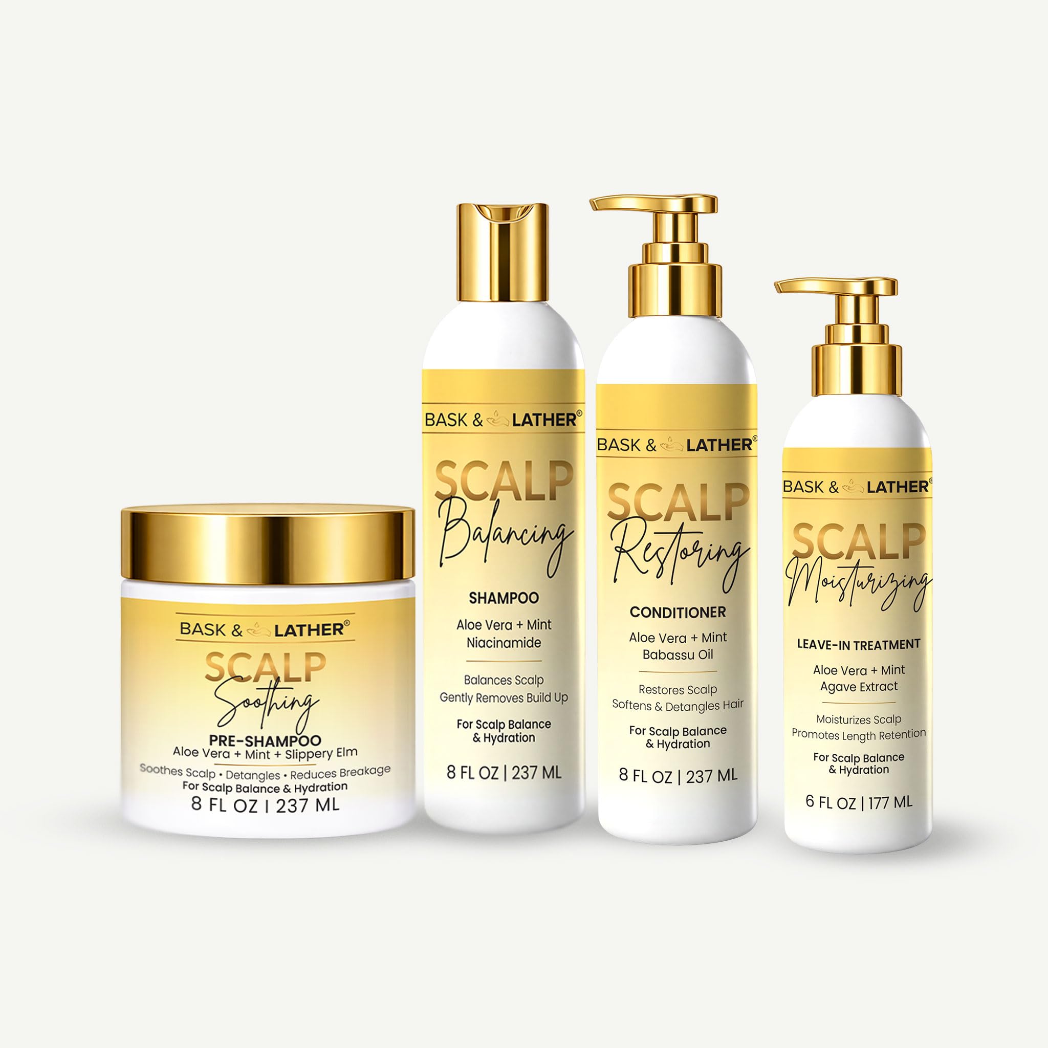 BASK & LATHER front packaging showing full 4-step scalp set and benefits