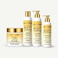 BASK & LATHER front packaging showing full 4-step scalp set and benefits