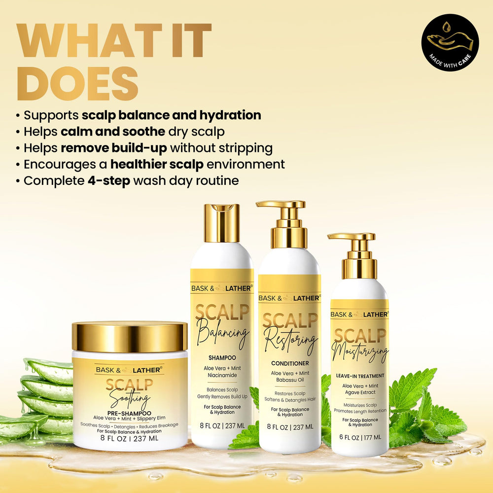 BASK & LATHER ingredient display with Aloe, Mint and Babassu for nourishment