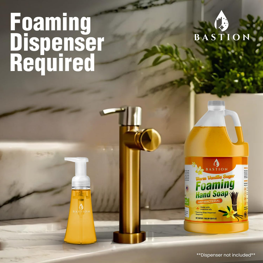 Bastion bottle staged in a vanilla-themed bathroom to show pleasant scent