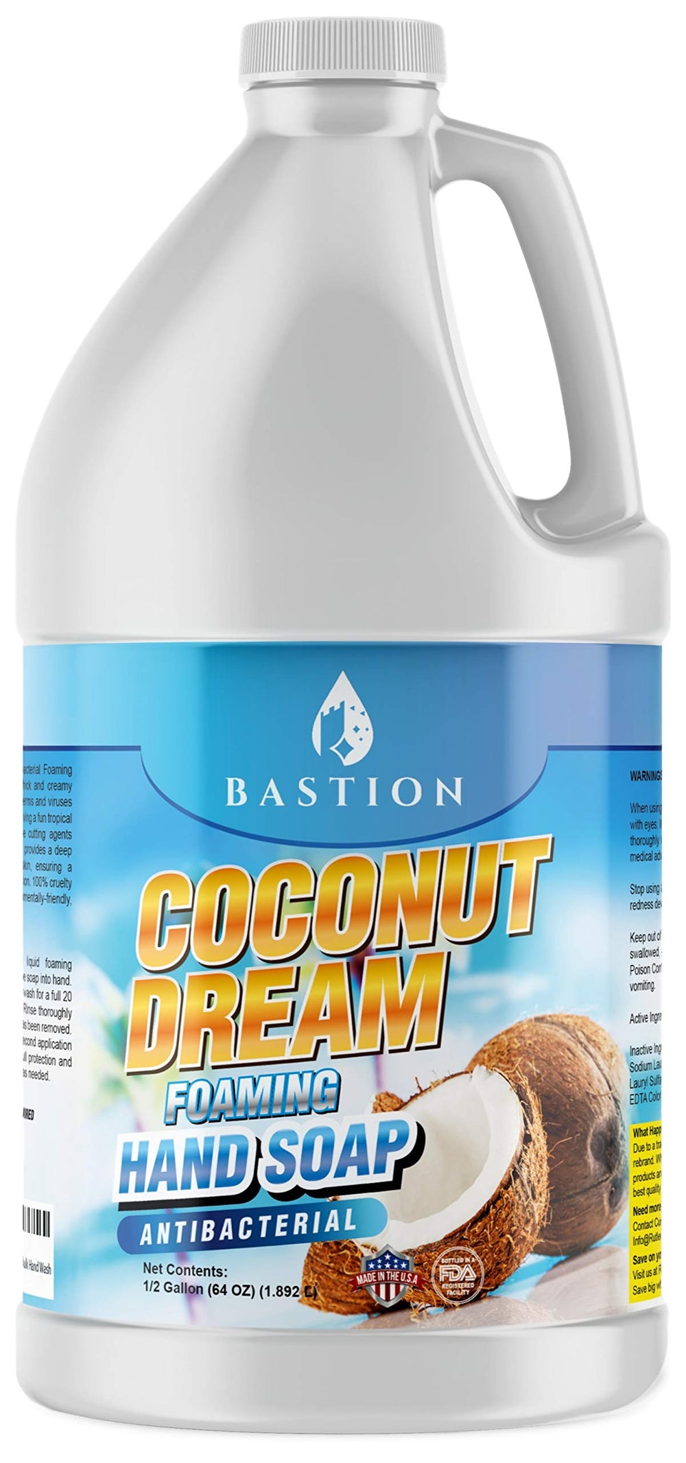 Bastion front jug showing coconut dream scent and 64 oz size benefits