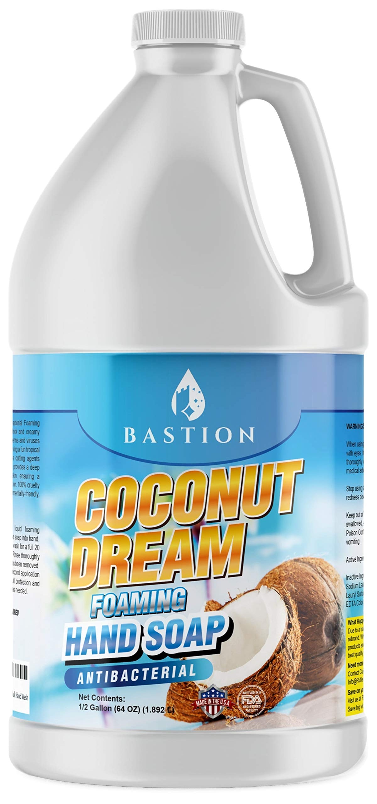 Bastion front jug showing coconut dream scent and 64 oz size benefits