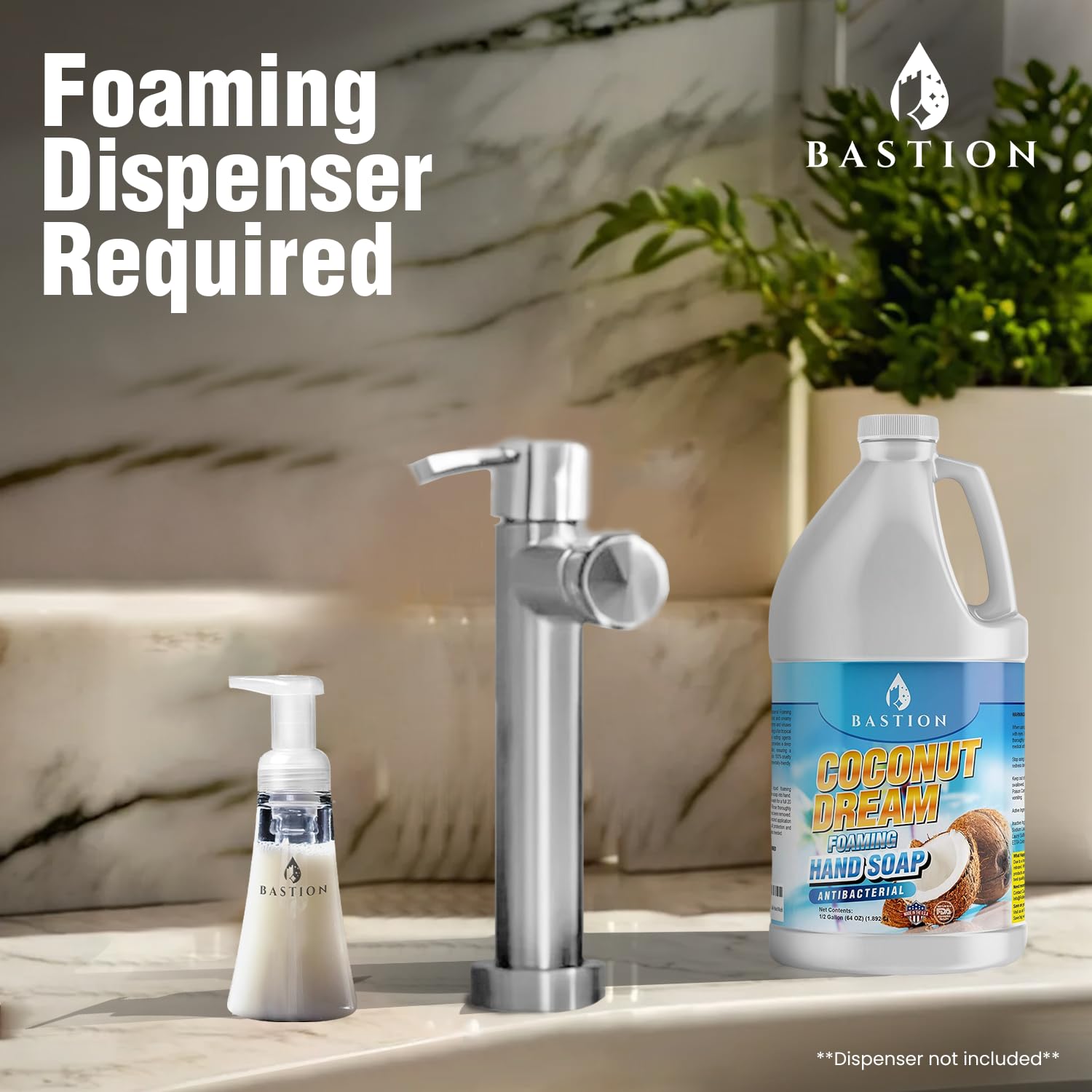 Bastion pouring refill into dispenser demonstrating waste reduction benefits