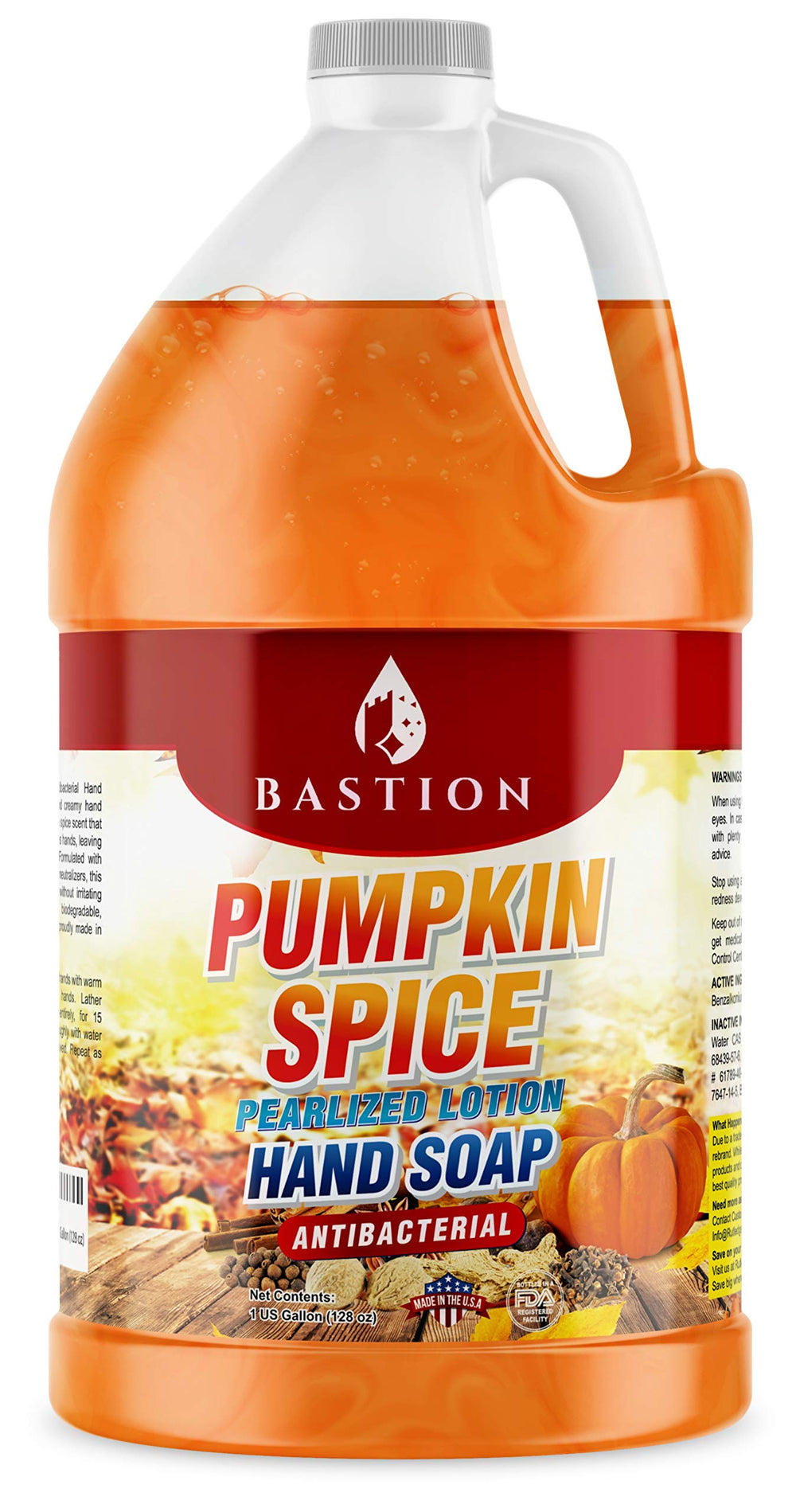 Bastion front label on gallon jug showing pumpkin spice benefit