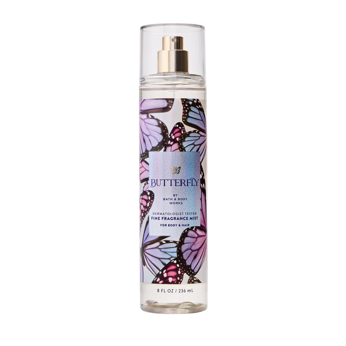 Bath & Body Works front bottle showing Butterfly label and bright design benefit: easy recognition