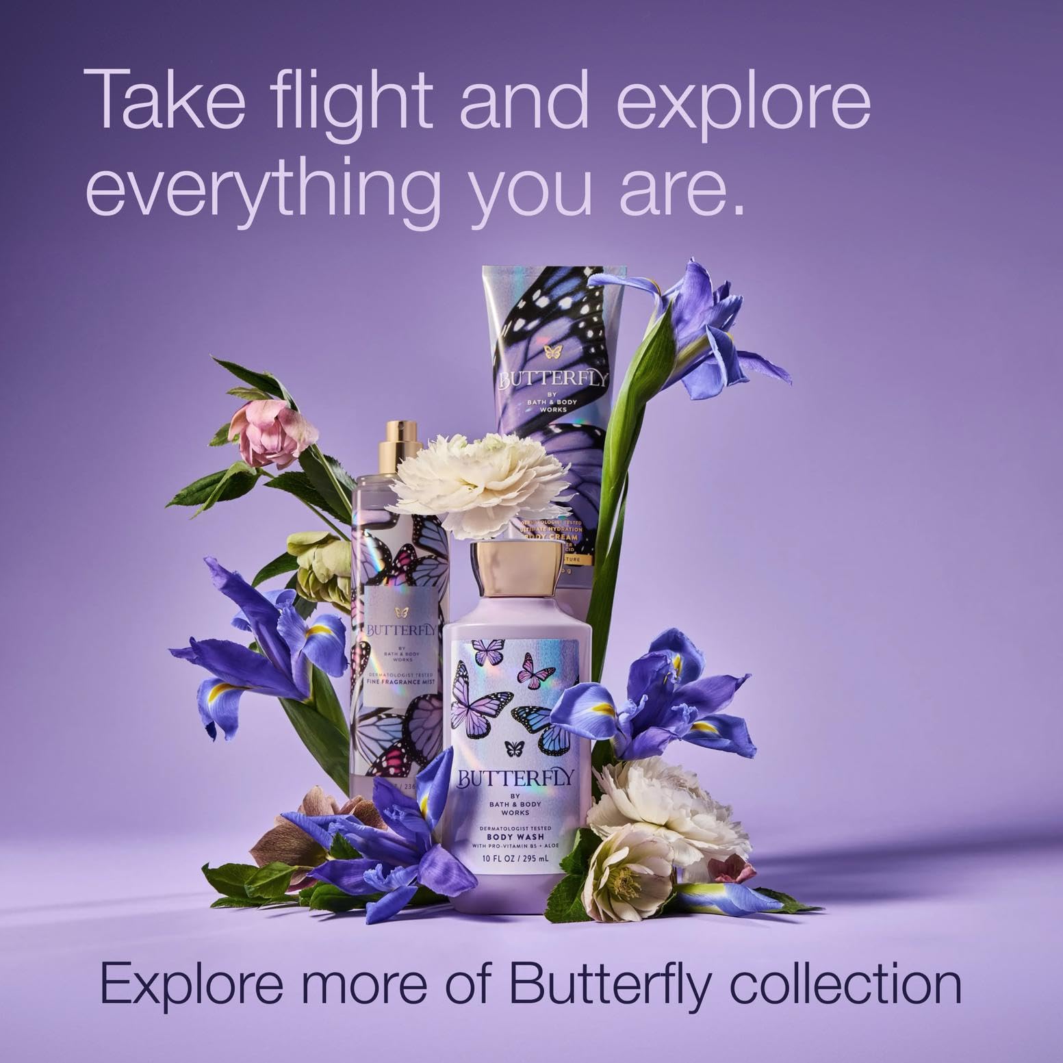 Bath & Body Works bottle styled on vanity with flowers showing mood benefit: fresh, feminine vibe