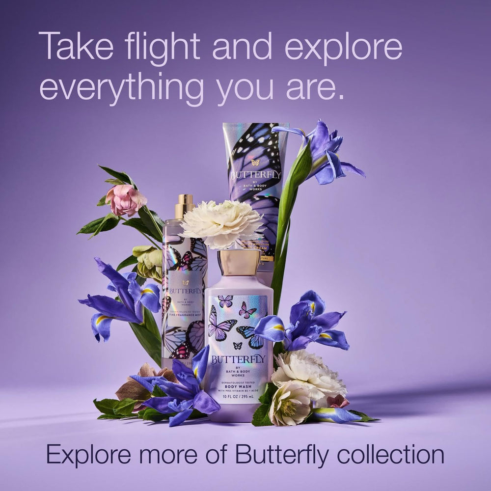 Bath & Body Works bottle styled on vanity with flowers showing mood benefit: fresh, feminine vibe