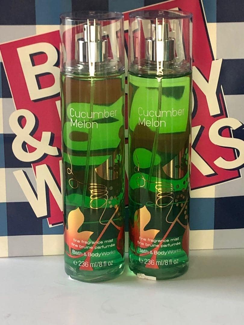 Bath & Body Works mist being sprayed on wrist demonstrating Cucumber Melon fresh scent benefit for on-the-go refresh
