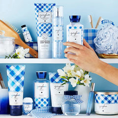 Bath & Body Works Gingham on bathroom shelf staged to show everyday hydration ritual