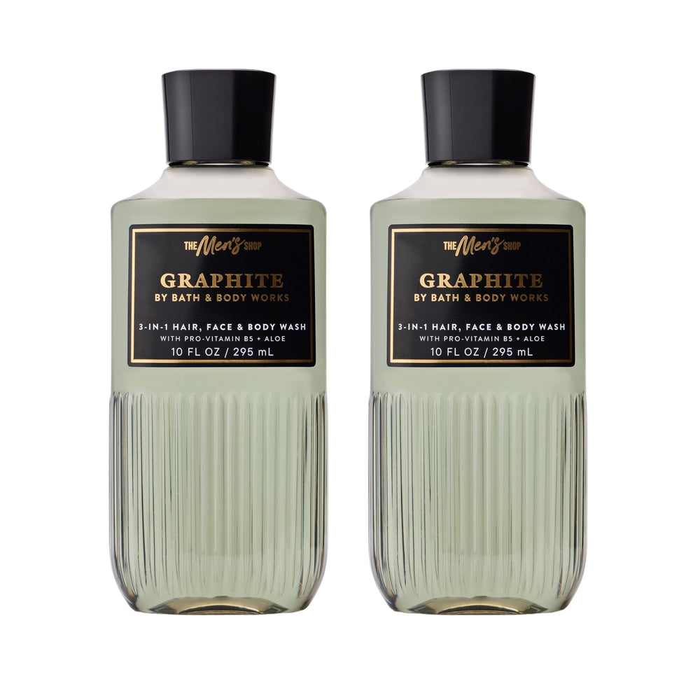Bath & Body Works Graphite front packaging shows two bottles and benefits