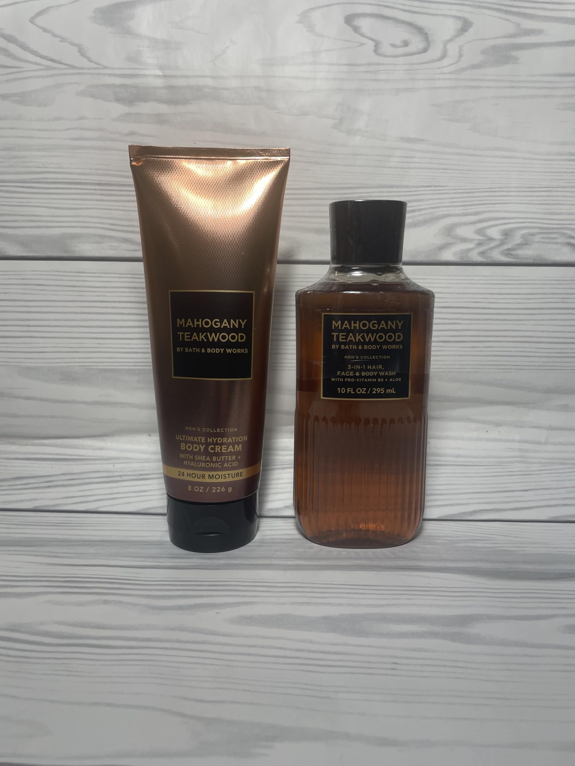 Bath & Body Works set on bathroom shelf showing coordinated grooming and scent benefit