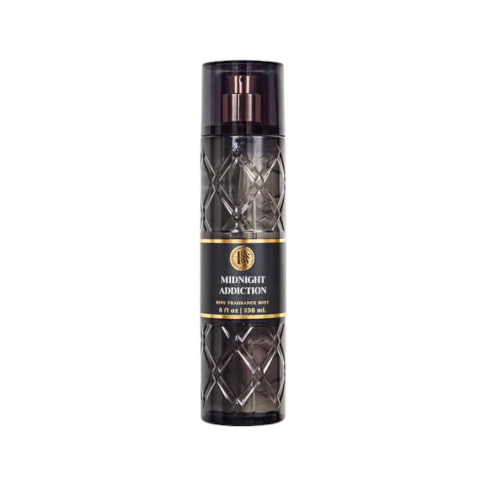 Bath & Body Works midnight addiction front bottle showing spray and label benefits