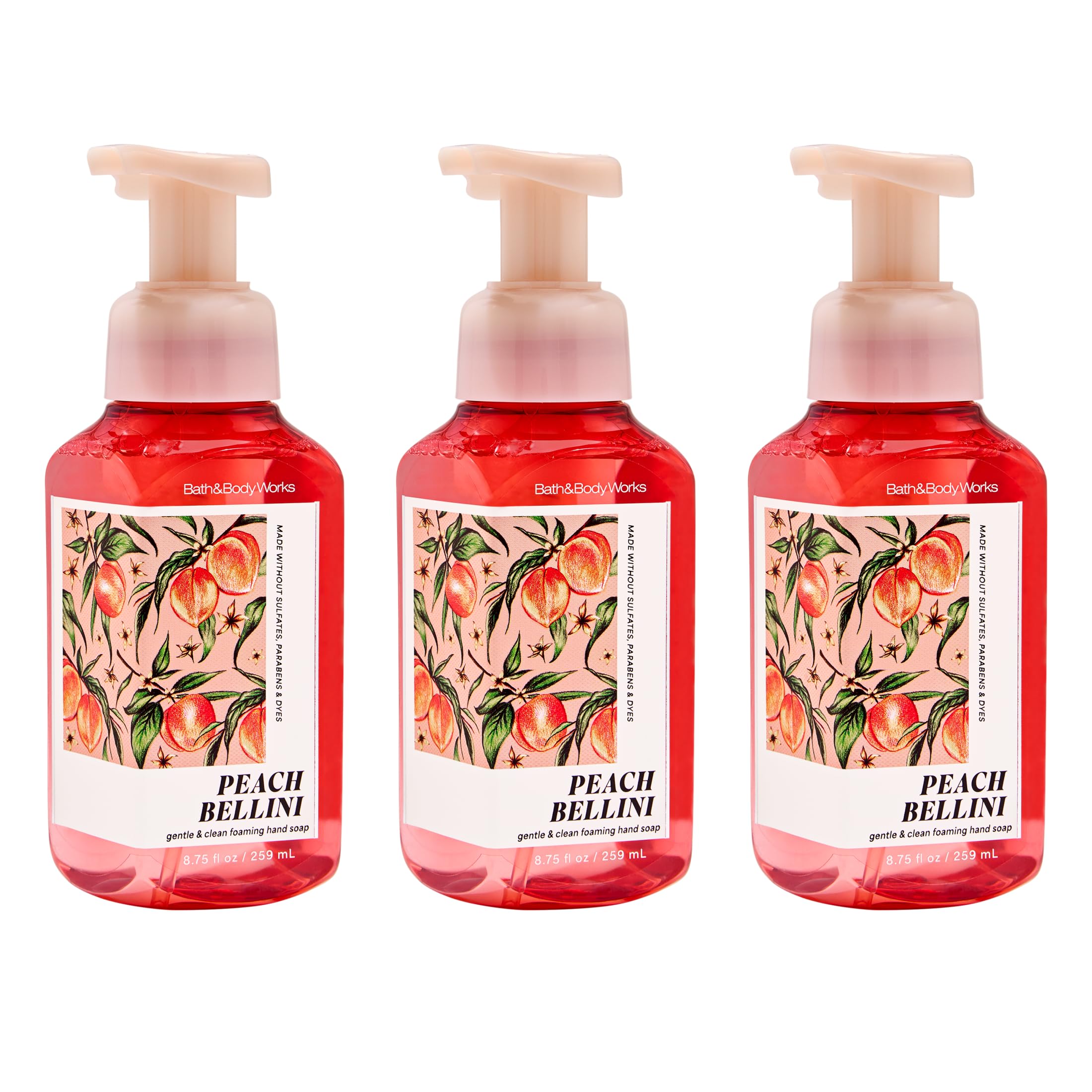 Bath & Body Works front packaging showing Peach Bellini three-pack and vibrant labels