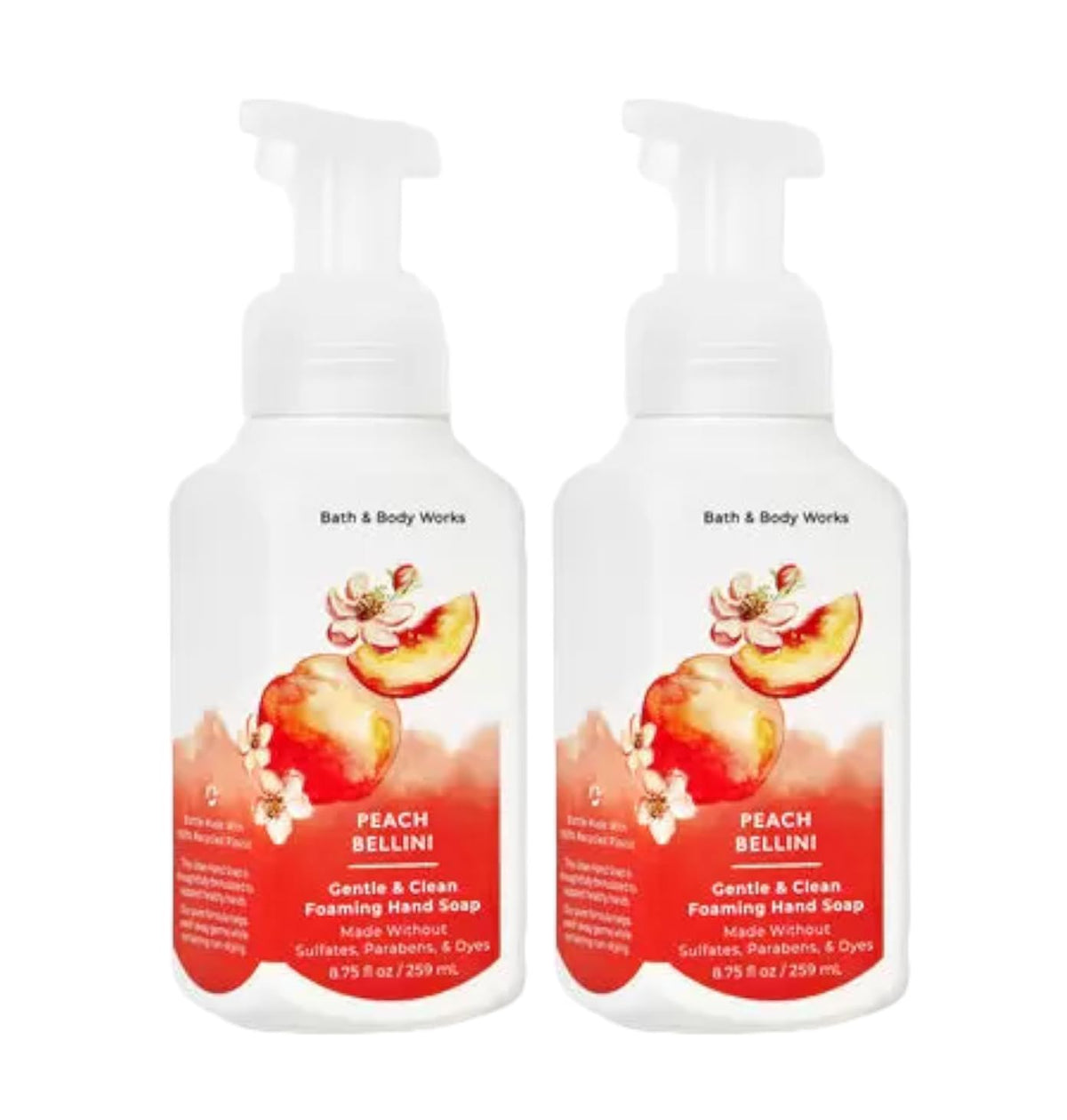 Bath & Body Works bottle front packaging shows Peach Bellini scent and gentle foaming benefit