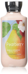Bath & Body Works front packaging showing Pearberry lotion and clear labeling, convenient travel size