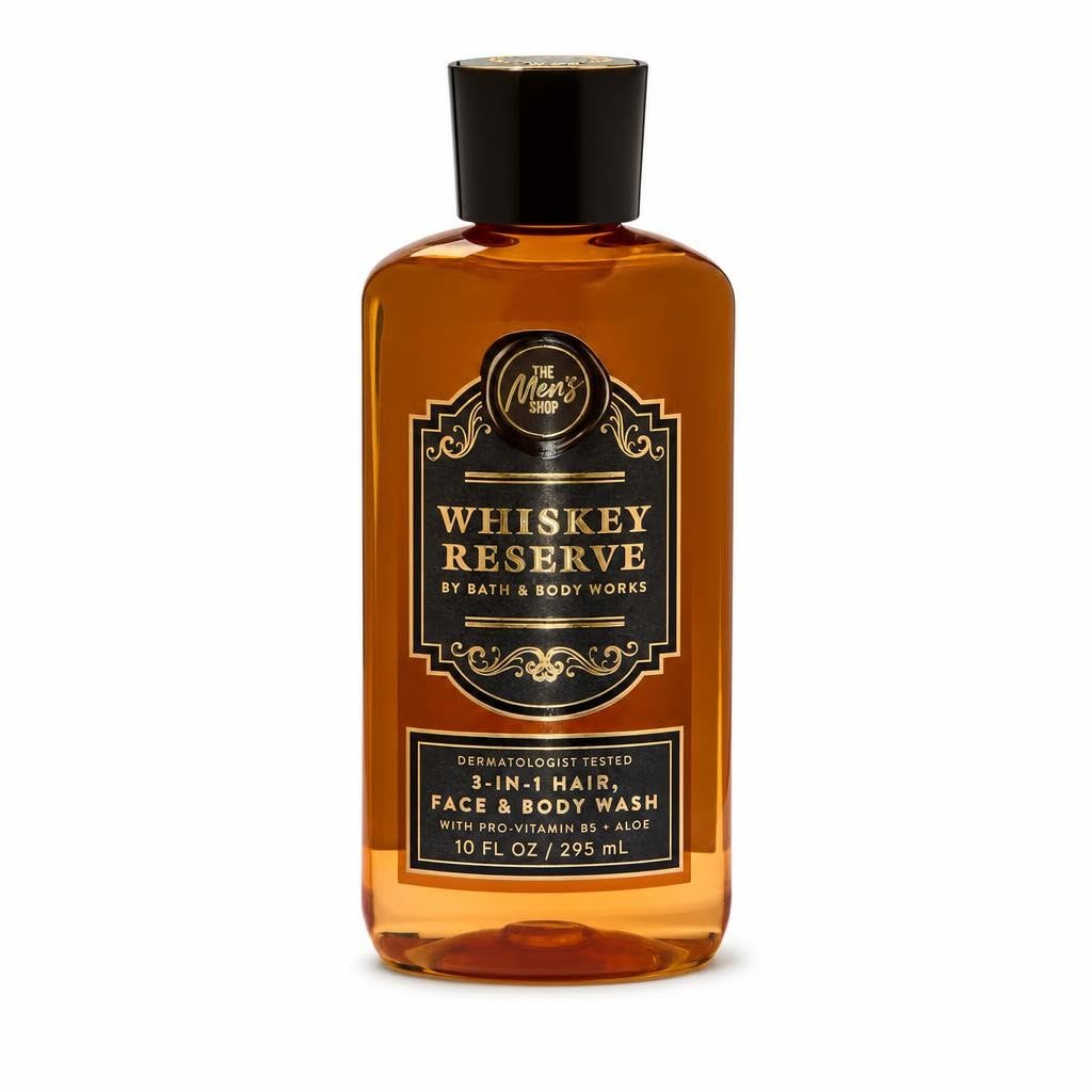 Bath & Body Works bottle front packaging showing Whiskey Reserve scent benefits