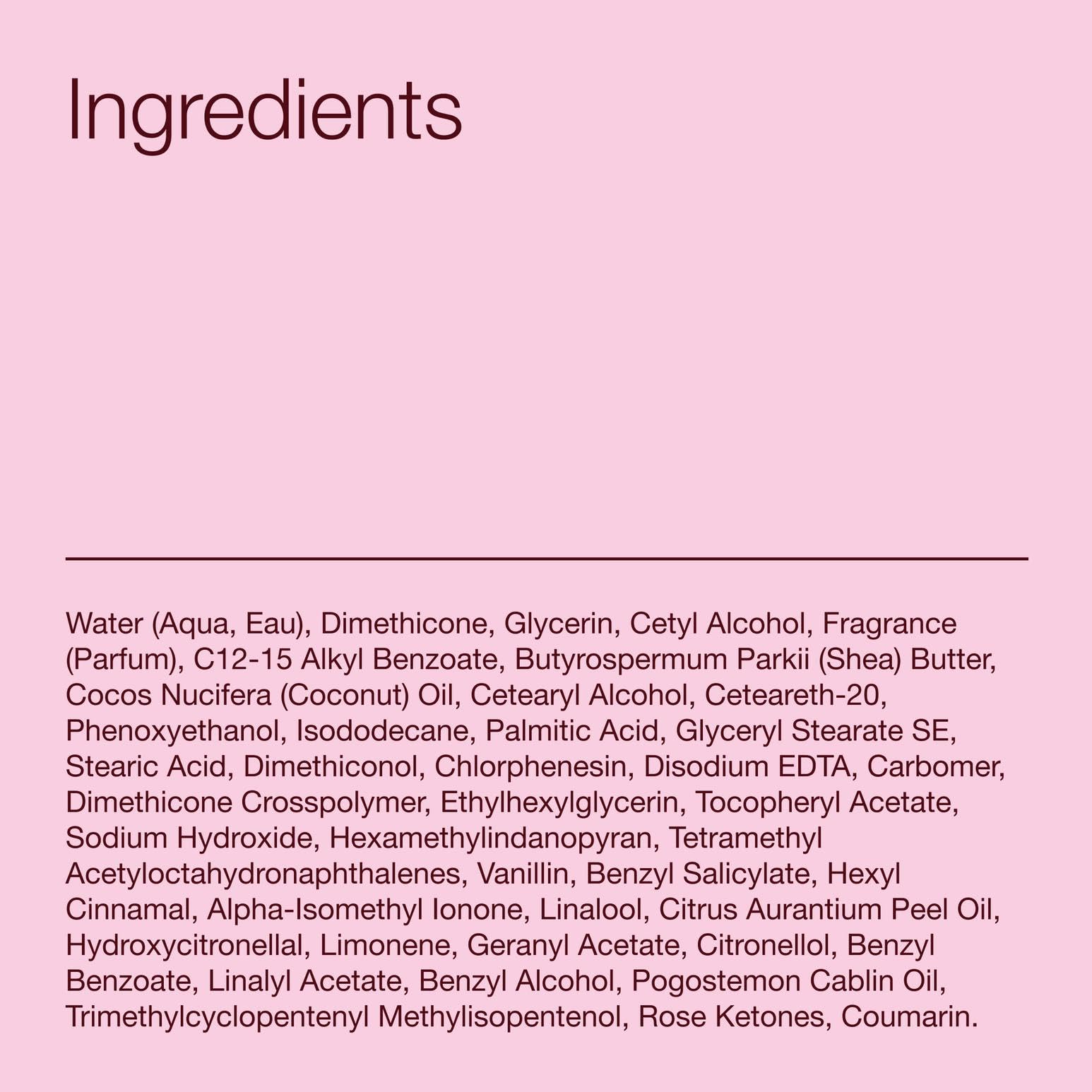 Bath & Body Works ingredients label close-up highlighting shea butter and coconut oil