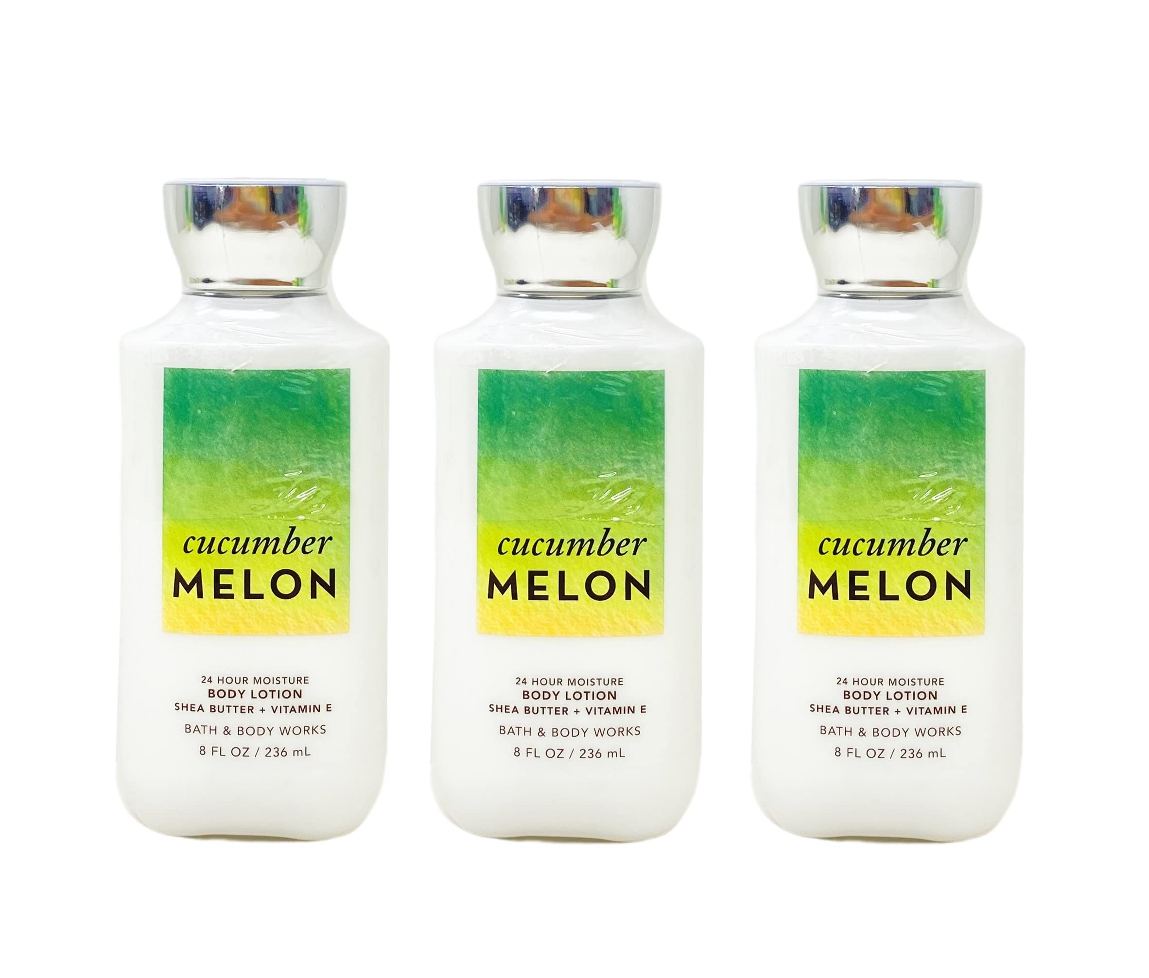 Bath & Body Works front packaging showing three Cucumber Melon lotion bottles and value set