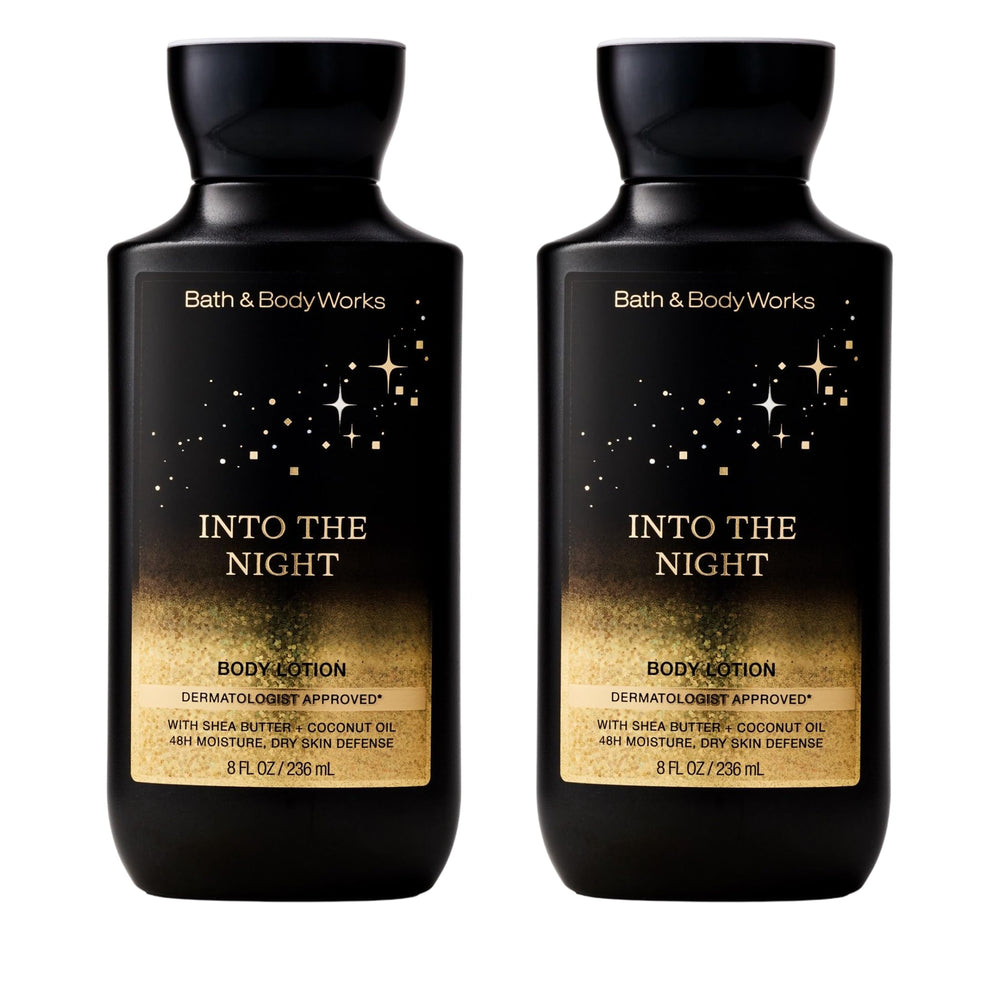 Bath & Body Works front packaging showing Into the Night lotion, elegant bottle for nightly hydration