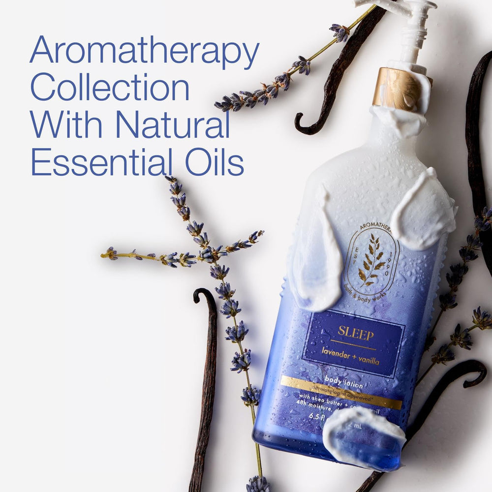 Bath & Body Works lotion on a bathroom shelf styled for calming self-care routine