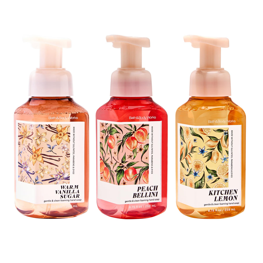 Bath & Body Works front packaging showing three scented foaming soaps, clear organization benefit