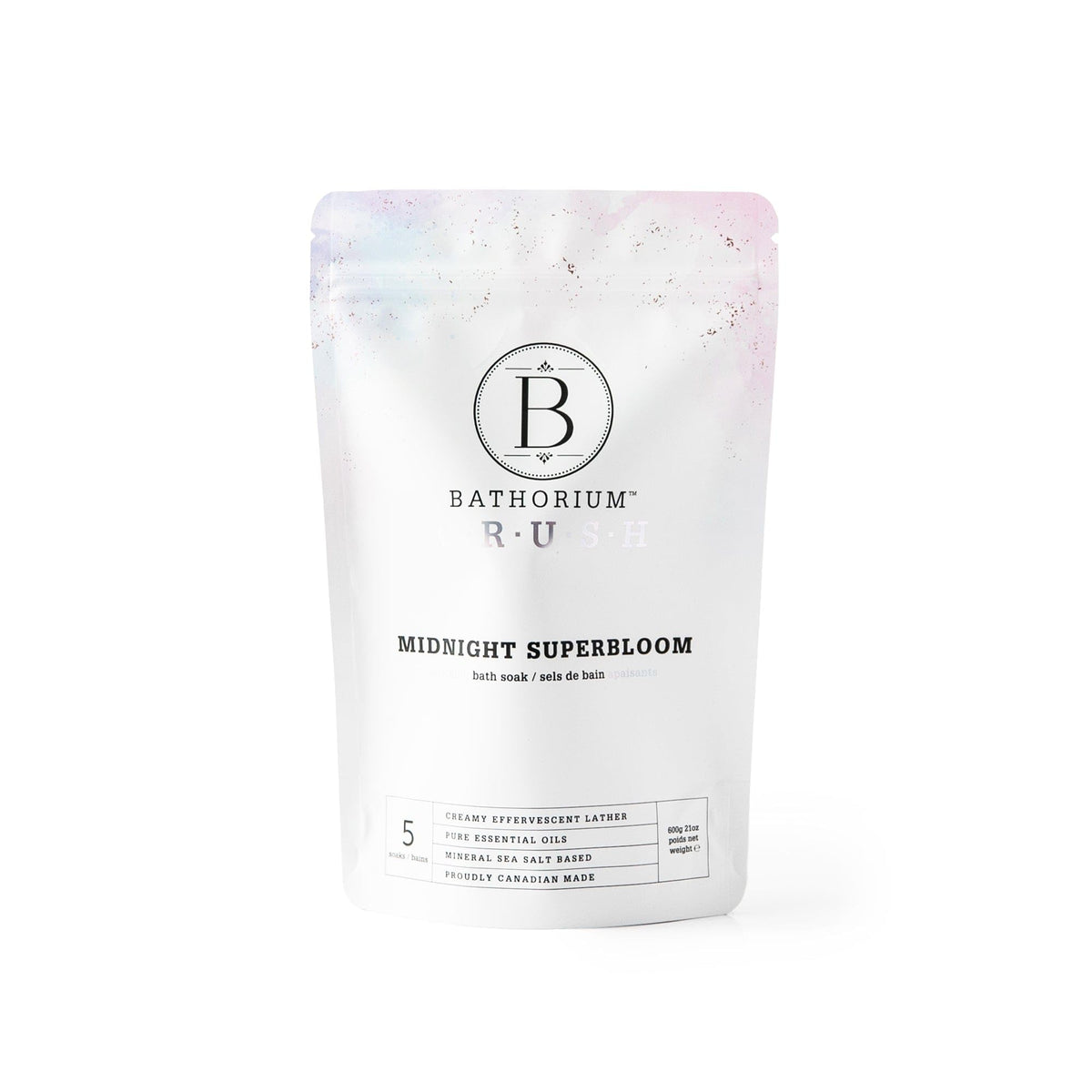 Bathorium pouch front view showing Midnight Superbloom branding and calming benefits