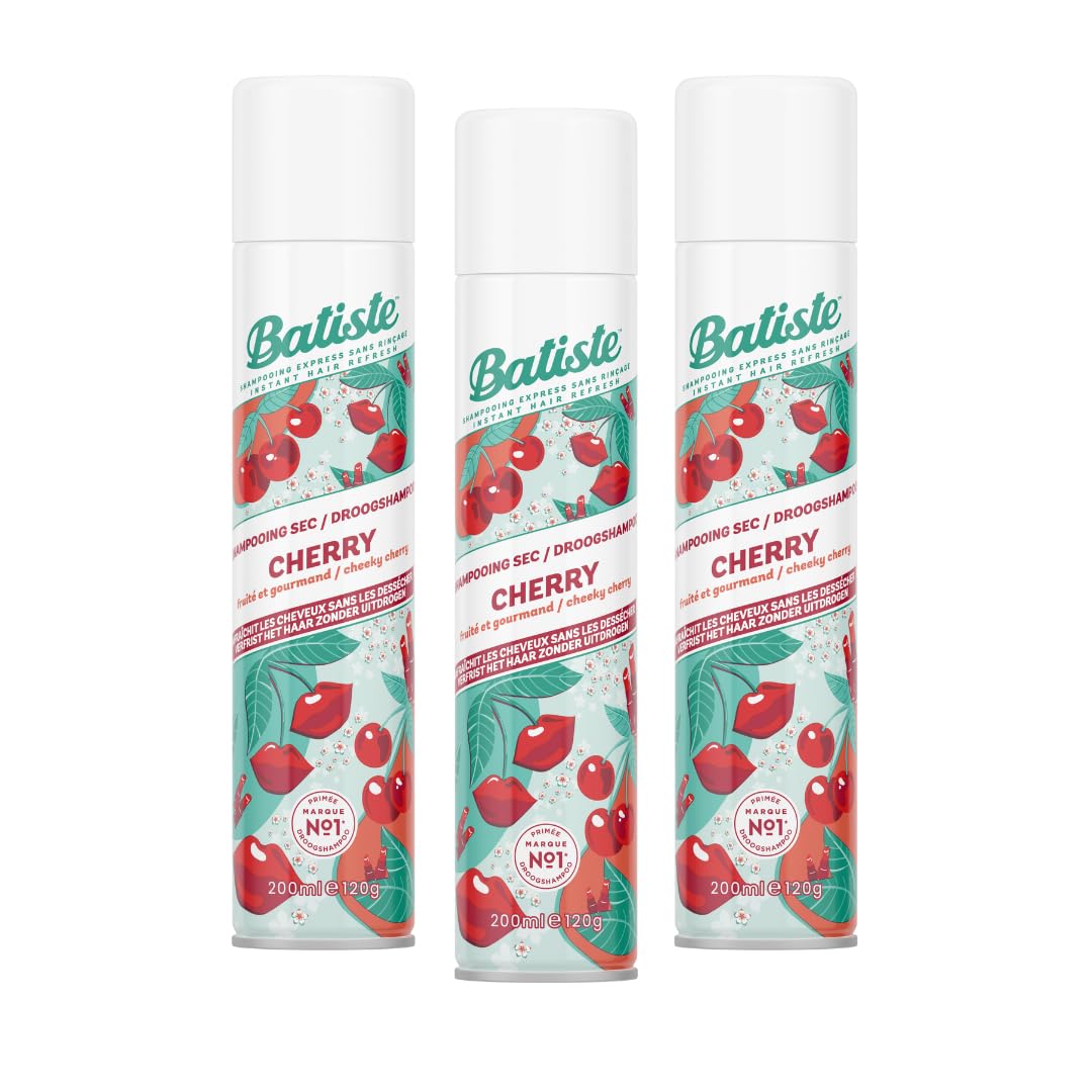 Batiste front packaging showing three cherry dry shampoo cans and fast refresh benefit