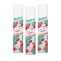 Batiste front packaging showing three cherry dry shampoo cans and fast refresh benefit