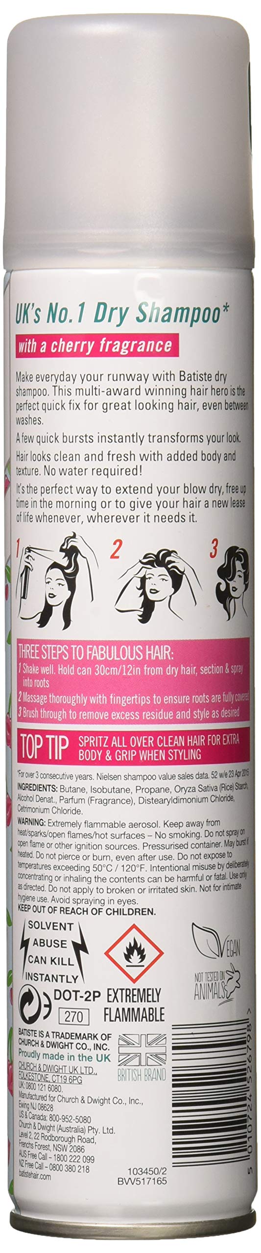 Batiste cherry spray close-up of fine mist and texture, absorbs oil for volume