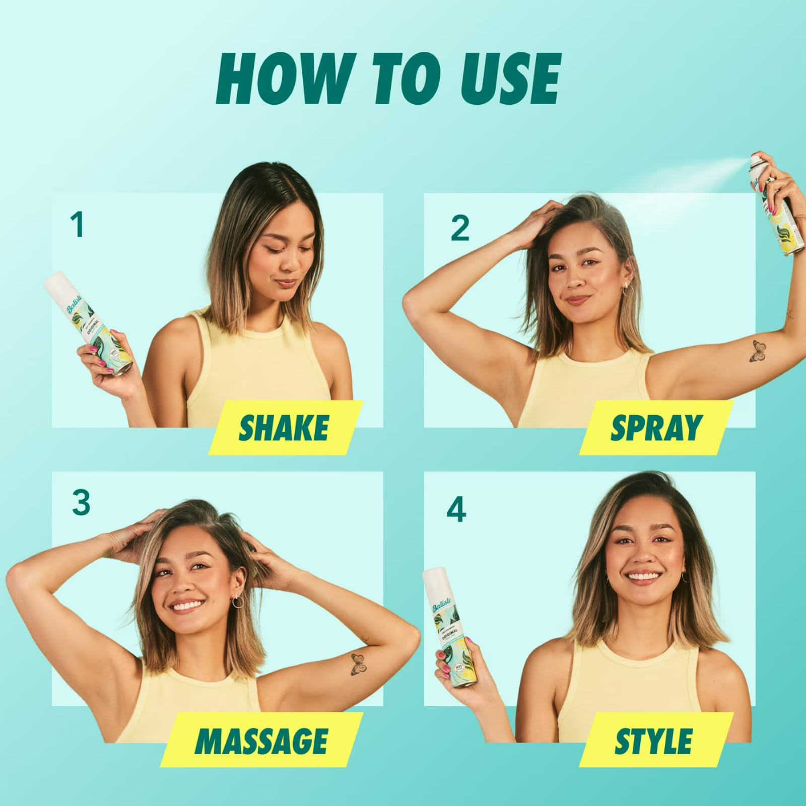Batiste applied on dark hair showing blended non-visible finish benefit