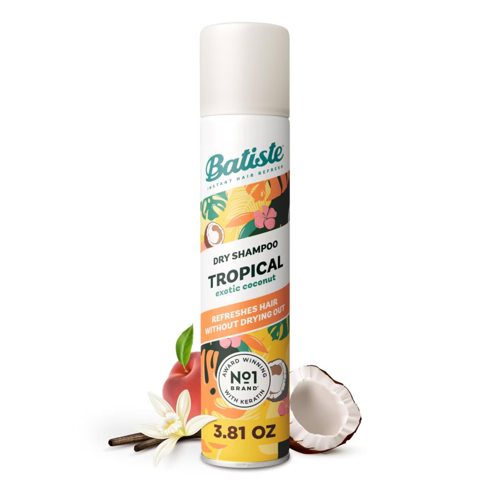 Batiste label detail highlighting tropical scent and quick oil absorption benefit