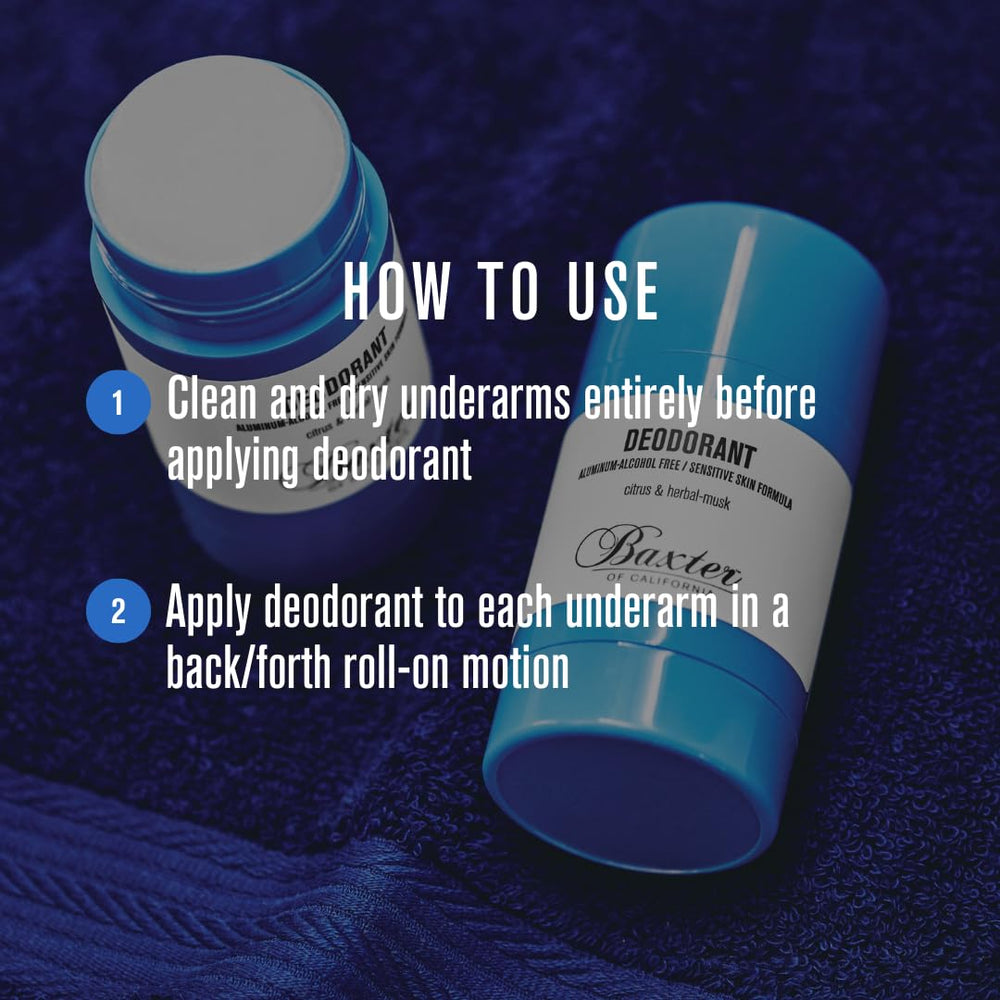 Baxter of California deodorant next to hand showing compact travel-friendly size