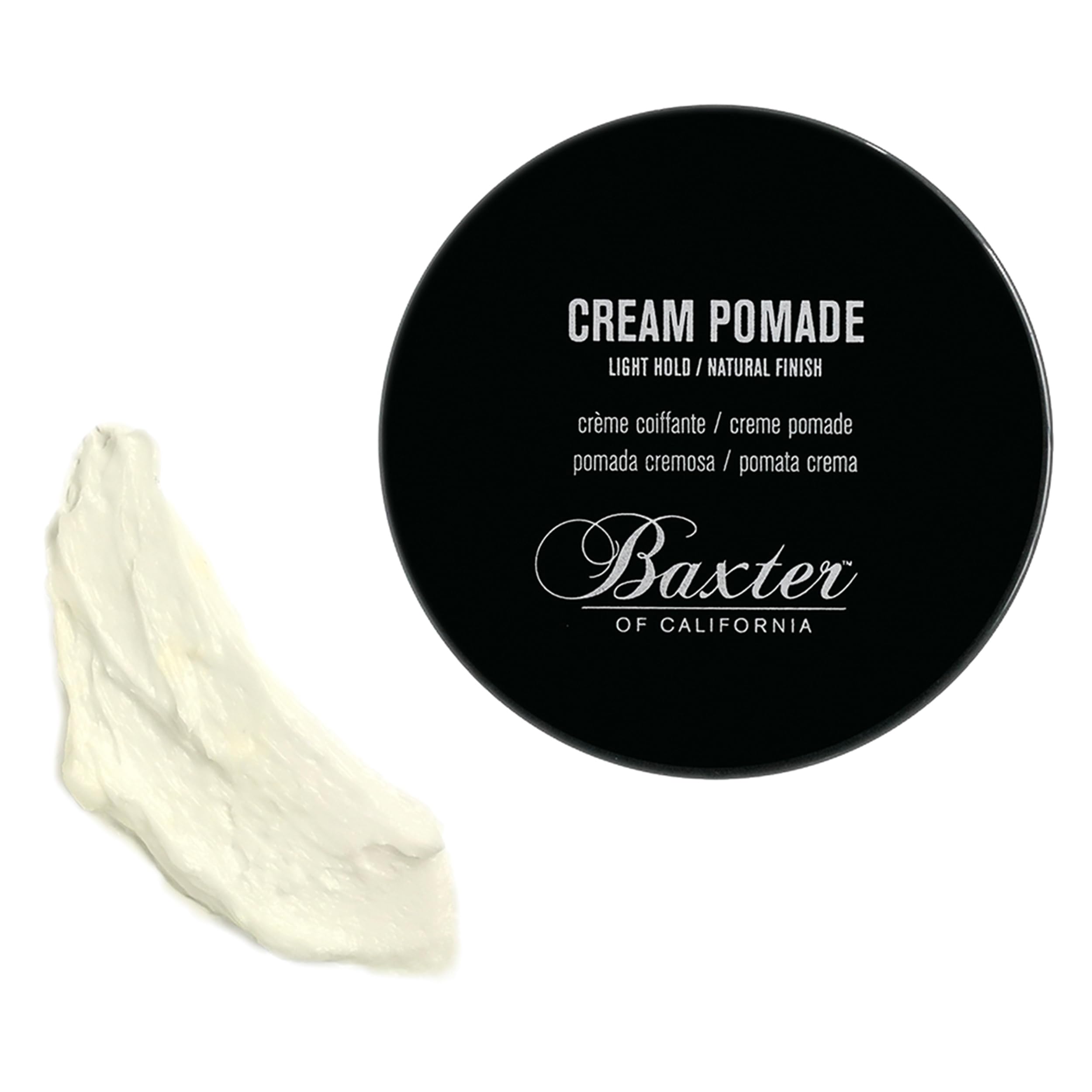 Baxter of California open tin revealing creamy pomade texture for easy application benefit quick styling