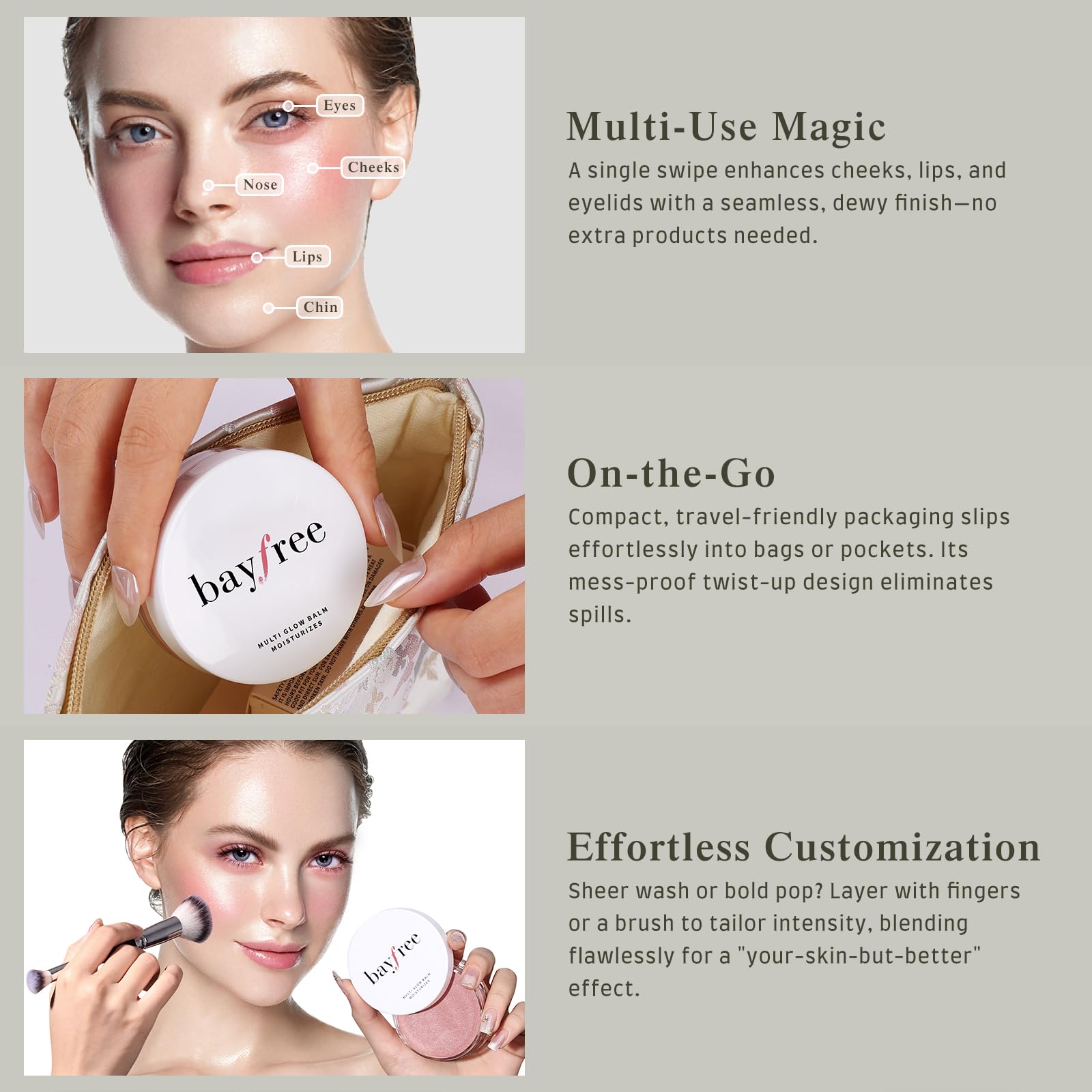 bayfree applied on cheeks demonstrating natural radiant color boost