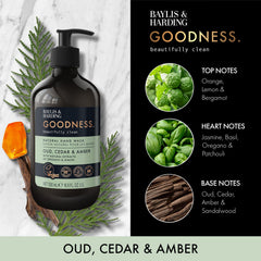 Baylis & Harding bottle label detail showing Oud Cedar & Amber scent and ingredient highlights