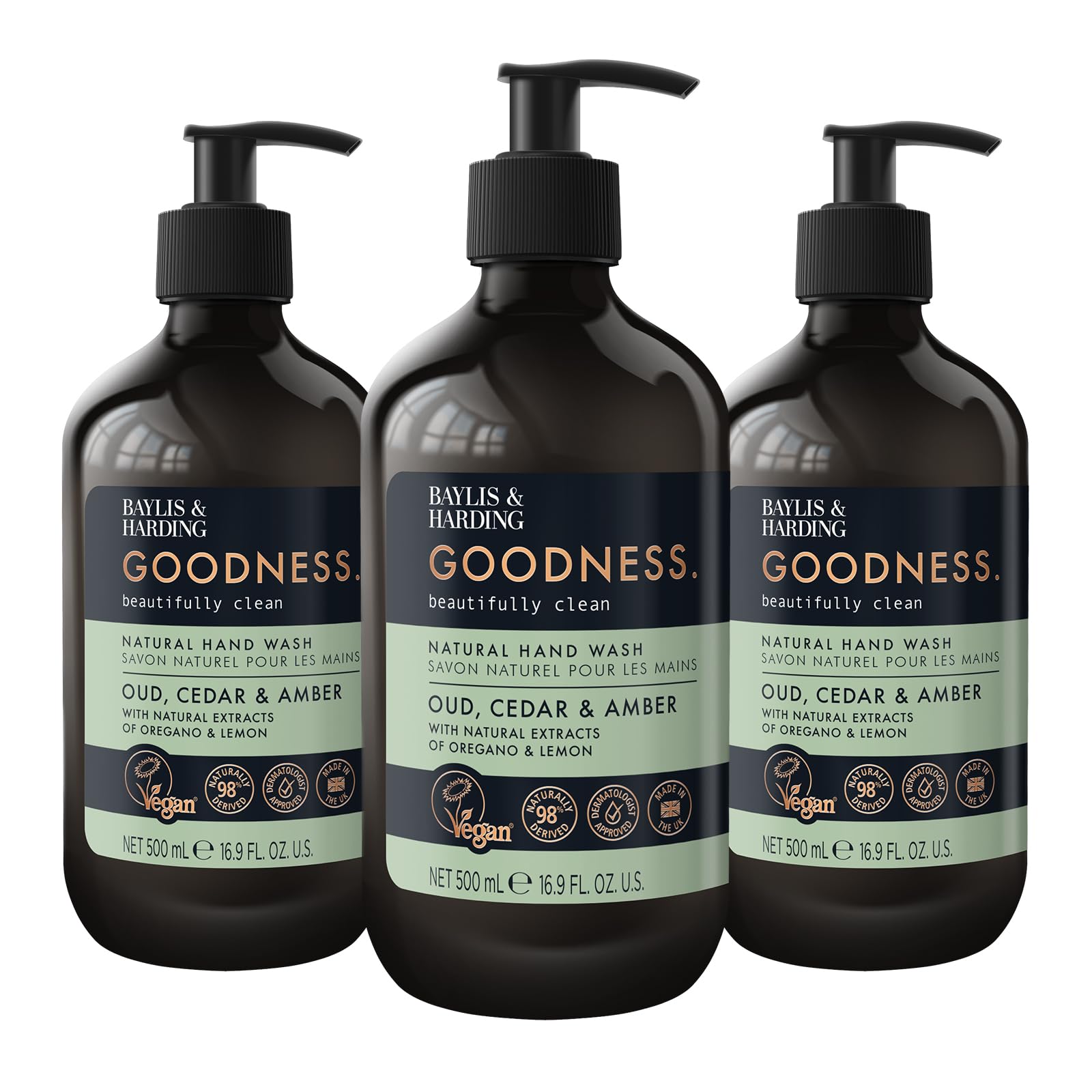 Baylis & Harding front packaging showing 500ml three-pack and scent branding for convenience