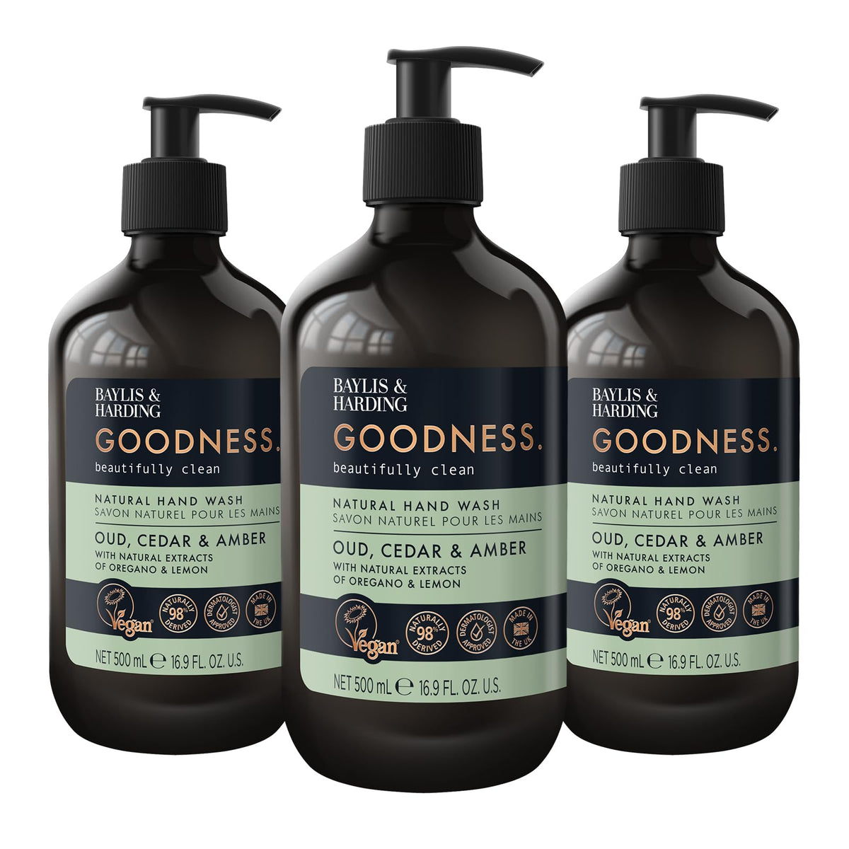 Baylis & Harding front packaging showing 500ml three-pack and scent branding for convenience
