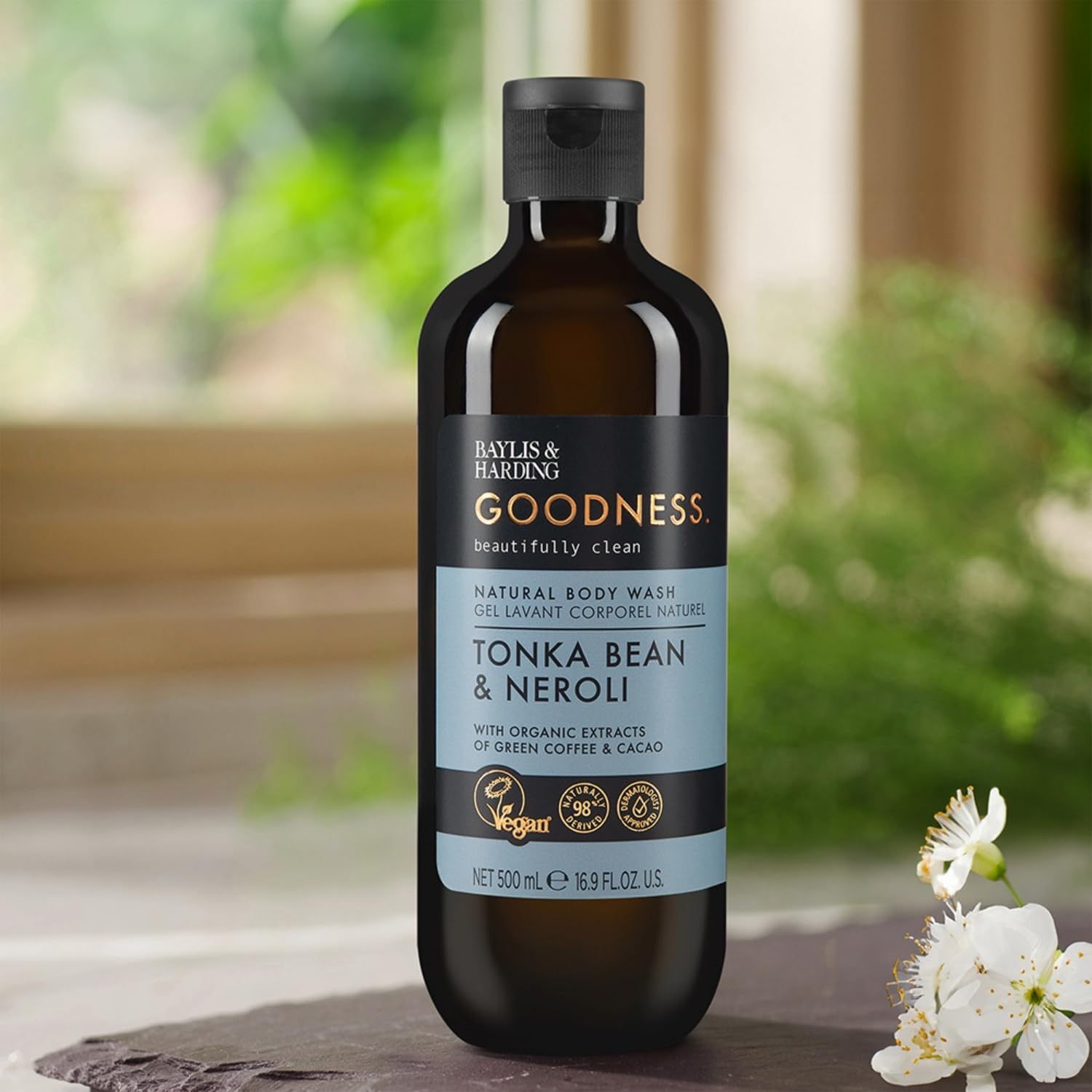 Baylis & Harding bottle with recycled badge showing eco friendly packaging benefit