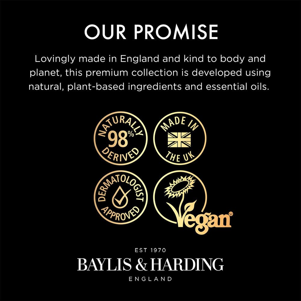 Baylis & Harding bottle on bathroom vanity conveying spa-like fragrance and aesthetic appeal