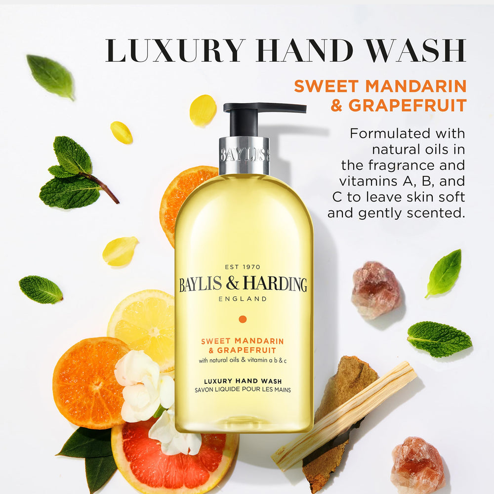 Baylis & Harding label and ingredients view emphasizing natural-derived ingredients and benefits