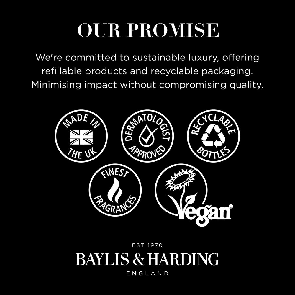 Baylis & Harding styled on bathroom sink, creates an uplifting, fresh fragrance atmosphere