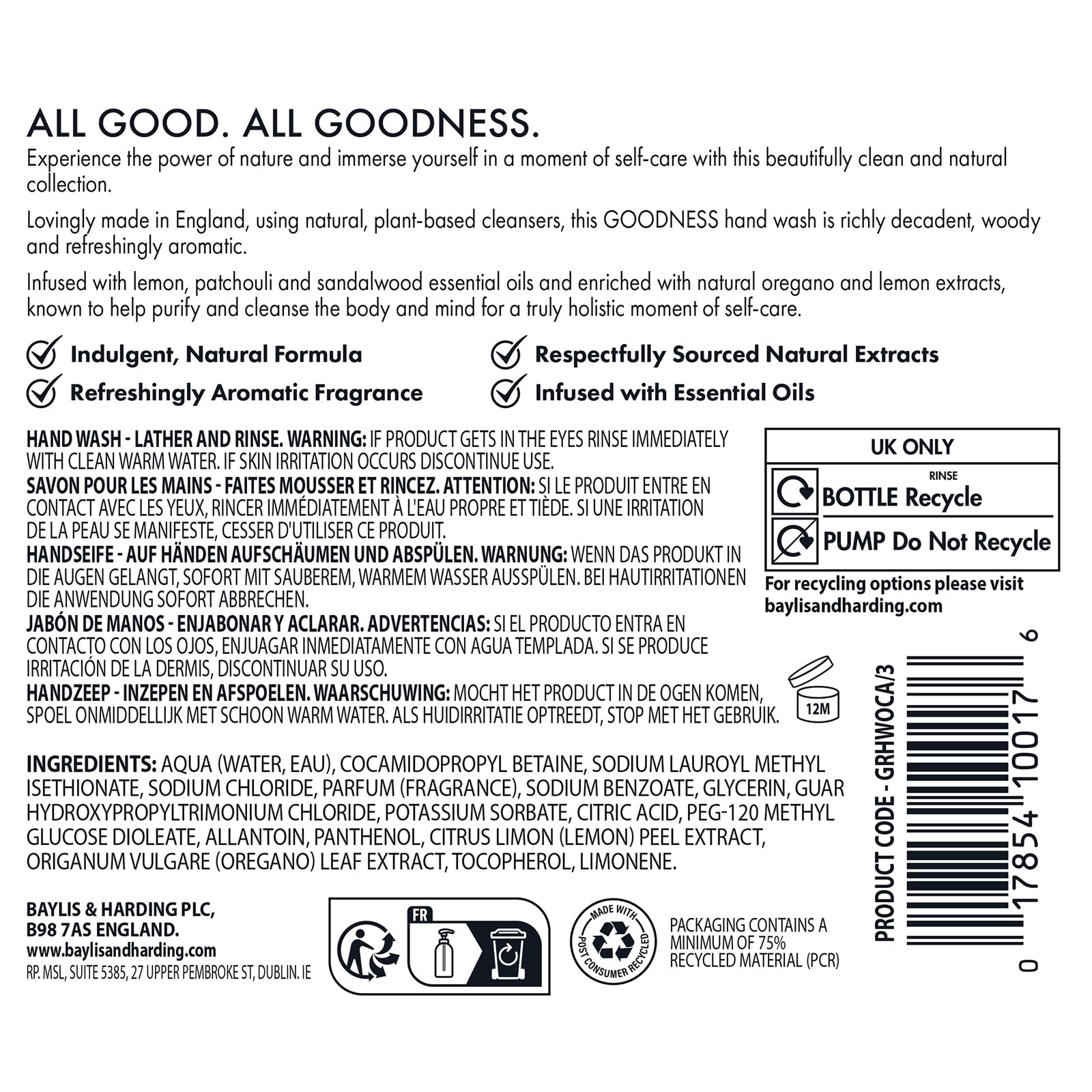 Baylis & Harding recyclable bottle marking close-up emphasizing eco-friendly packaging