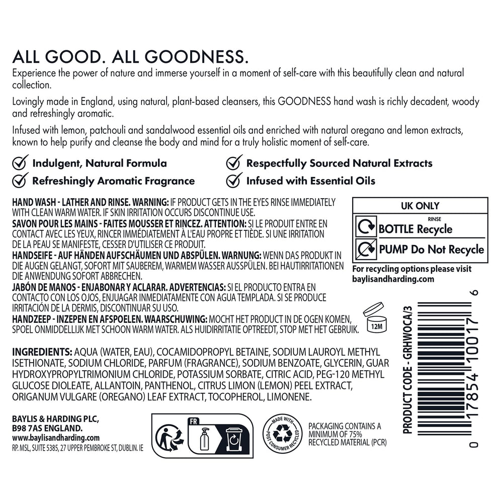 Baylis & Harding recyclable bottle marking close-up emphasizing eco-friendly packaging