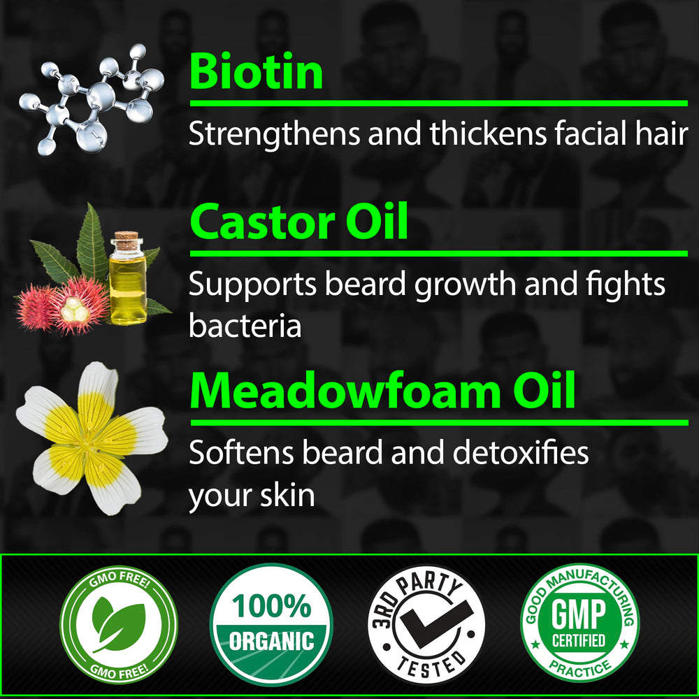 BBS BEST BEARD STUFF castor and meadowfoam ingredients displayed for conditioning