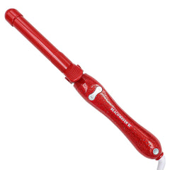 Beachwaver B1 front view showing red glitter finish and ergonomic design benefit
