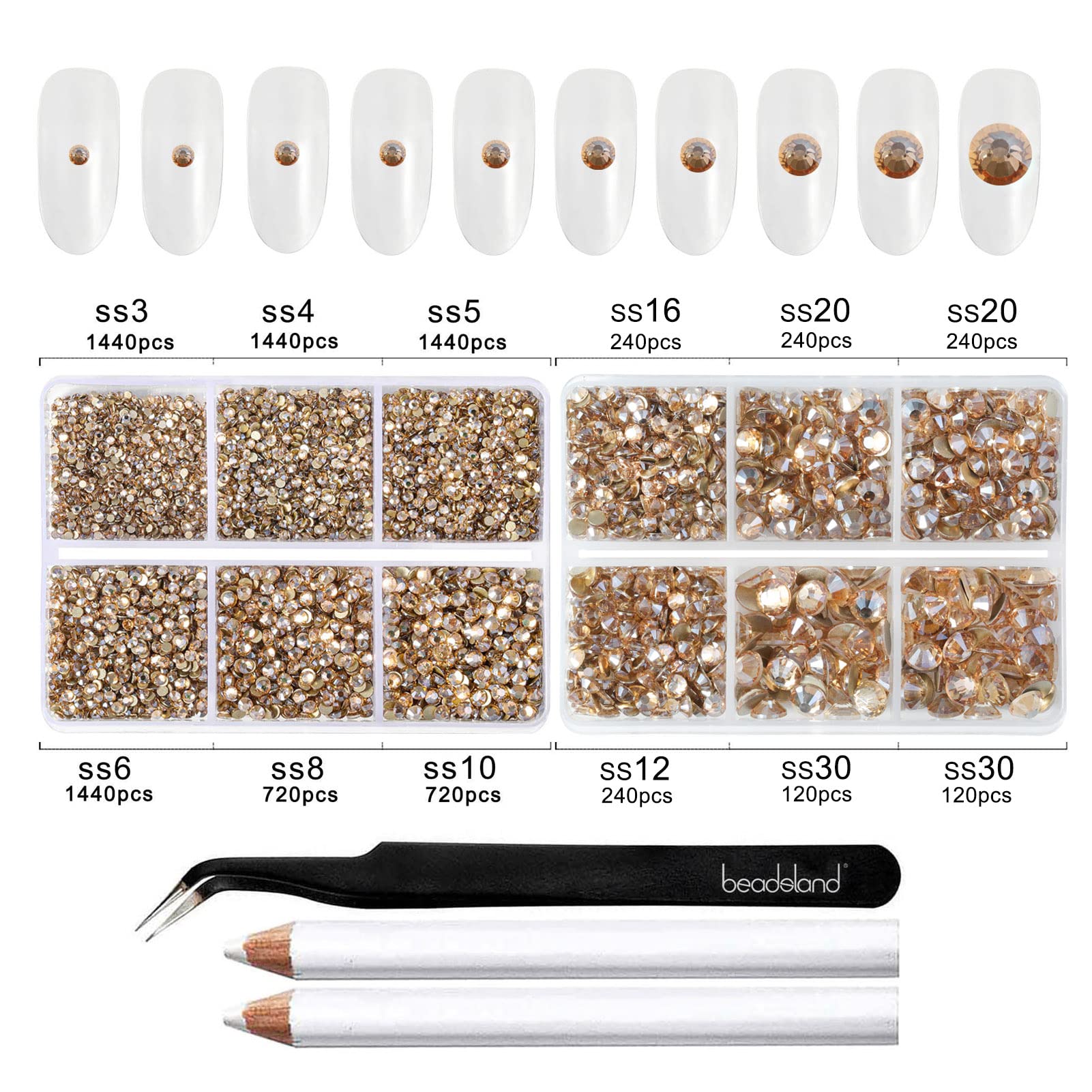 BEADSLAND wax pencils and tweezer beside scattered rhinestones for easy placement