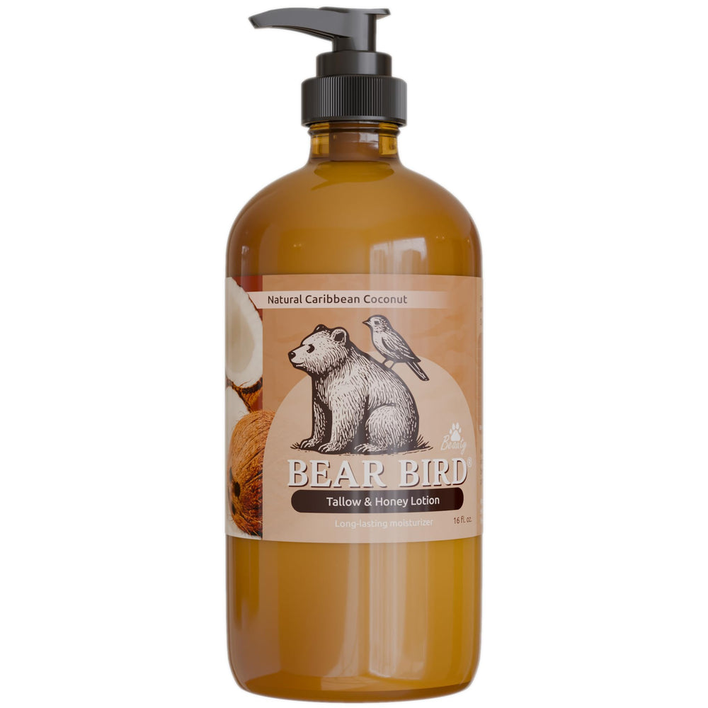 Bear Bird bottle front view showing label and sustainable amber glass benefit