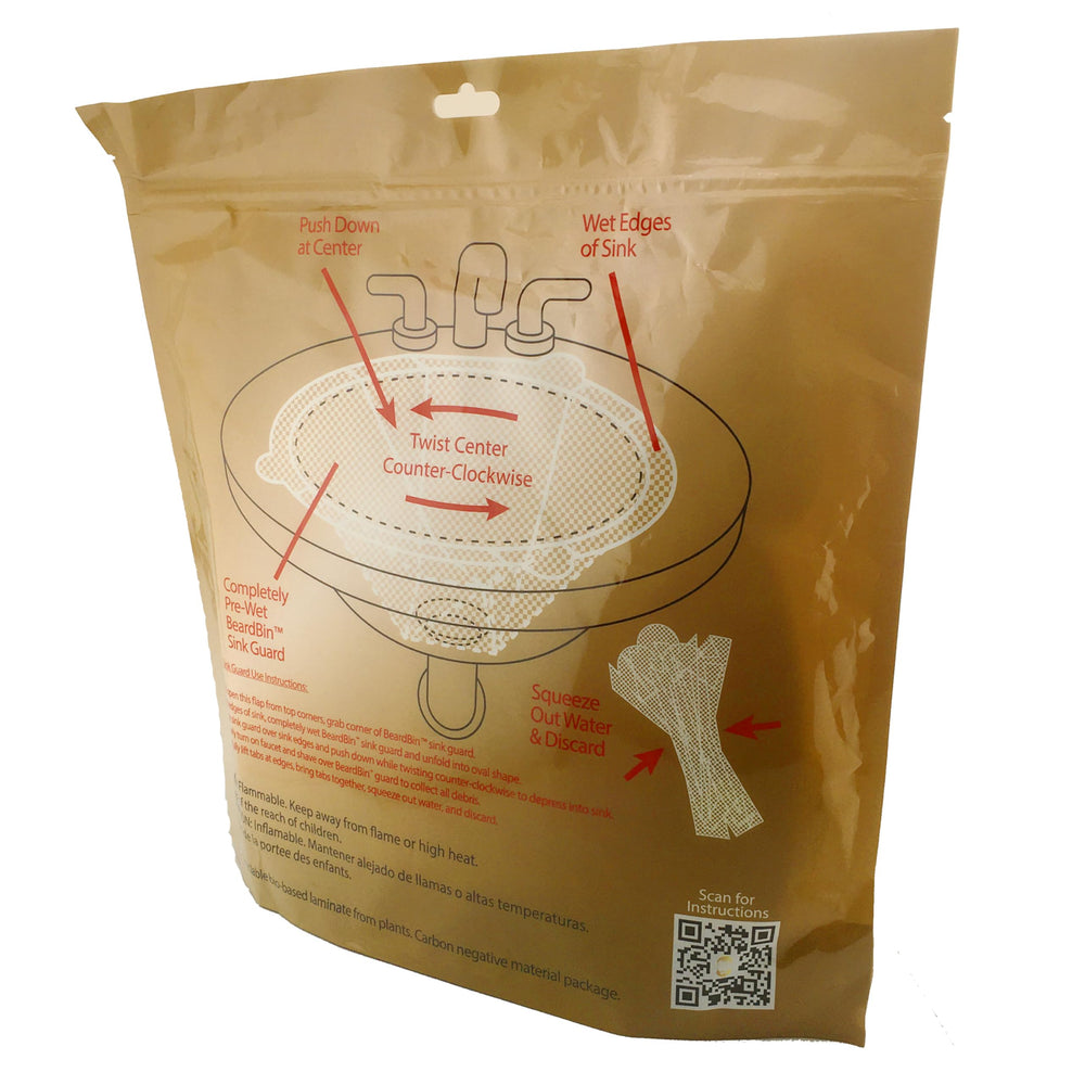 BeardBin label detail showing usage icons and sustainable material info